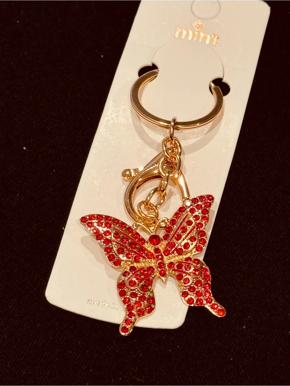 Mint Gold-Tone Keychain with Red Crystal Butterfly Charm NWT